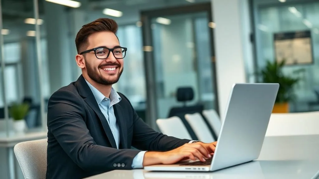 Employé satisfait travaillant sur son nouvel équipement