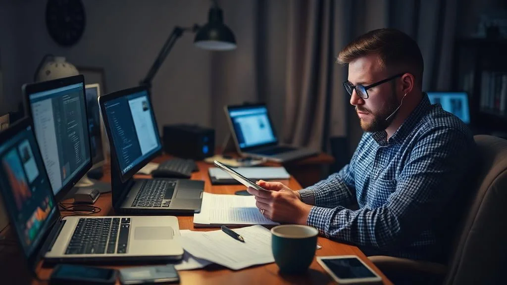 Indépendant travaillant tard avec plusieurs appareils